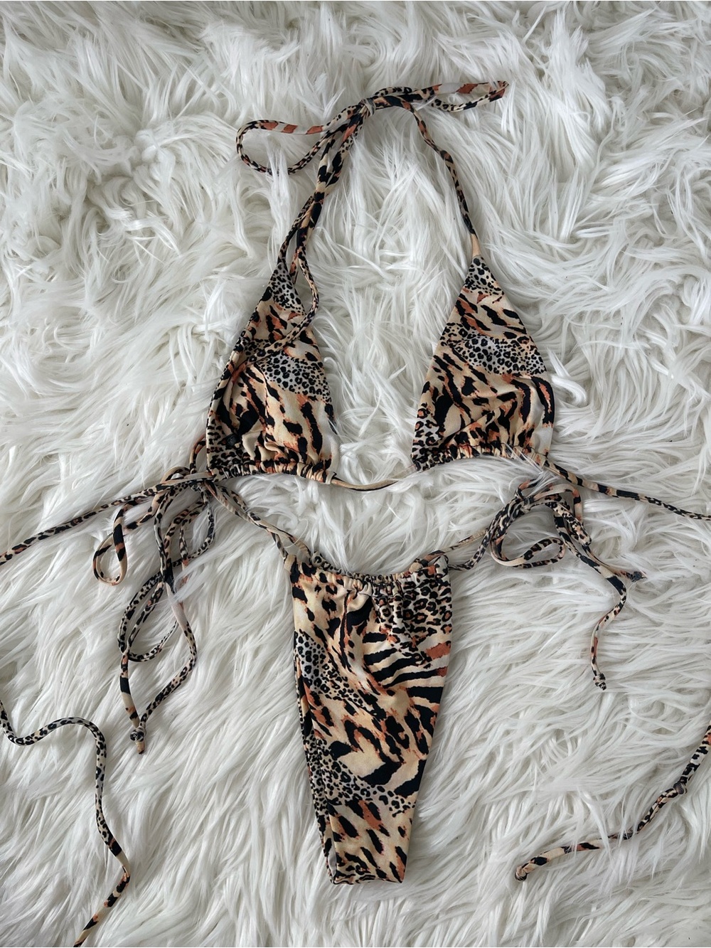 Andi Bagus Animal Print Triangle String Bikini - Brown